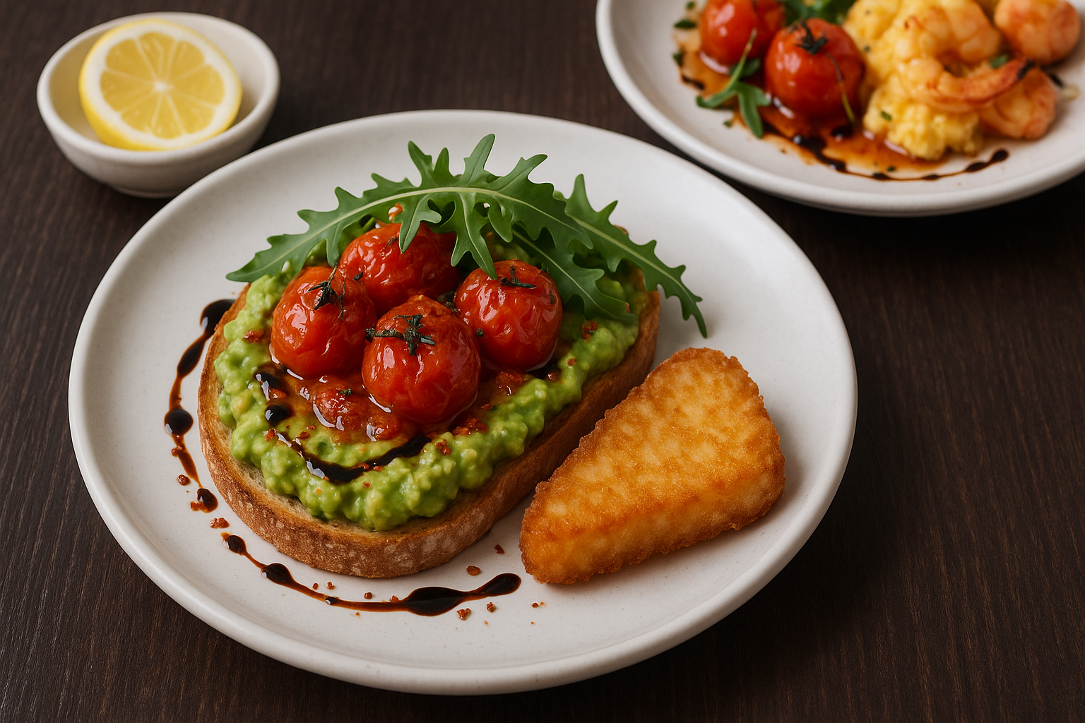 Avocado toast with roasted tomatoes and arugula on a white plate.