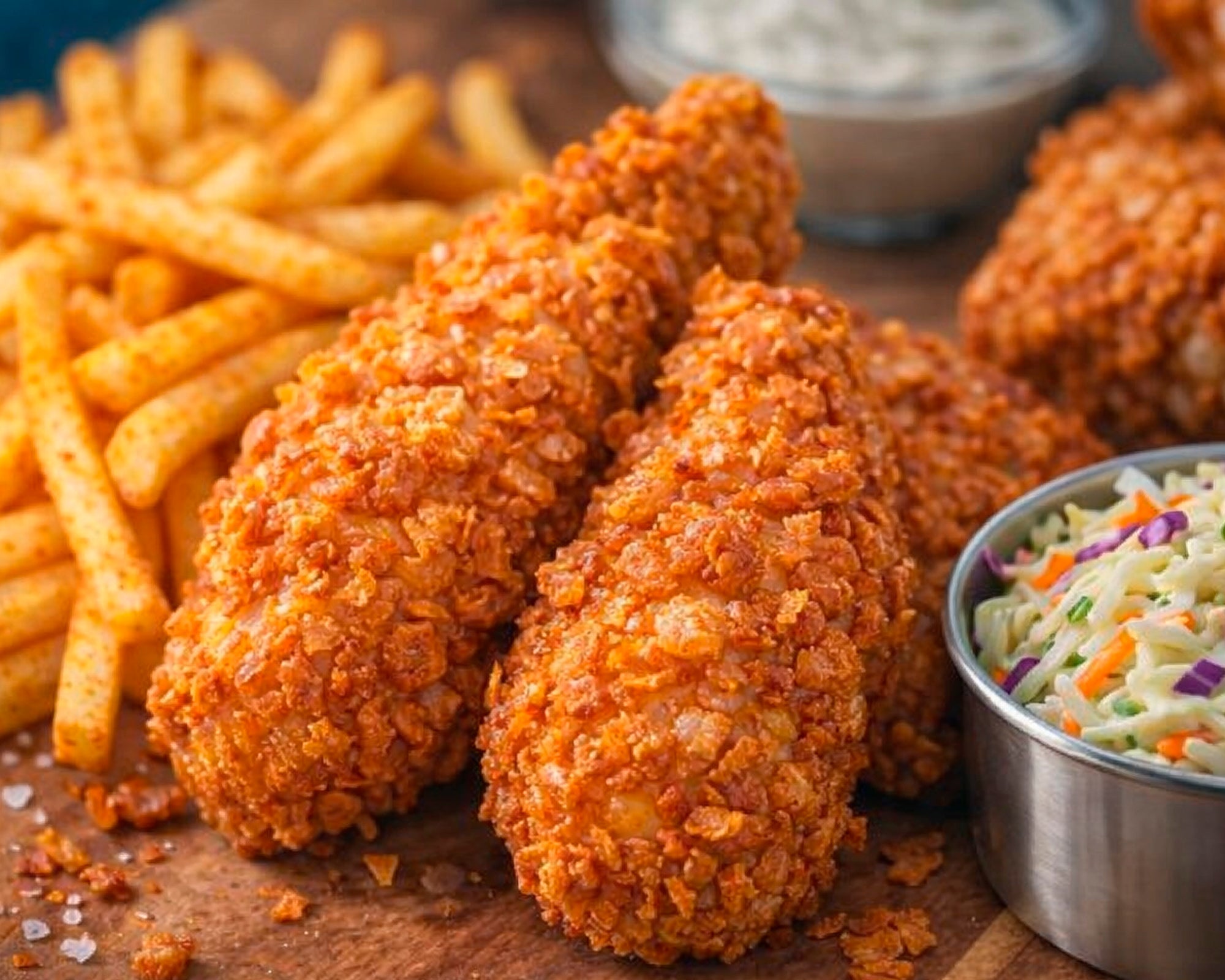 Fried chicken with french fries and coleslaw on a wooden board