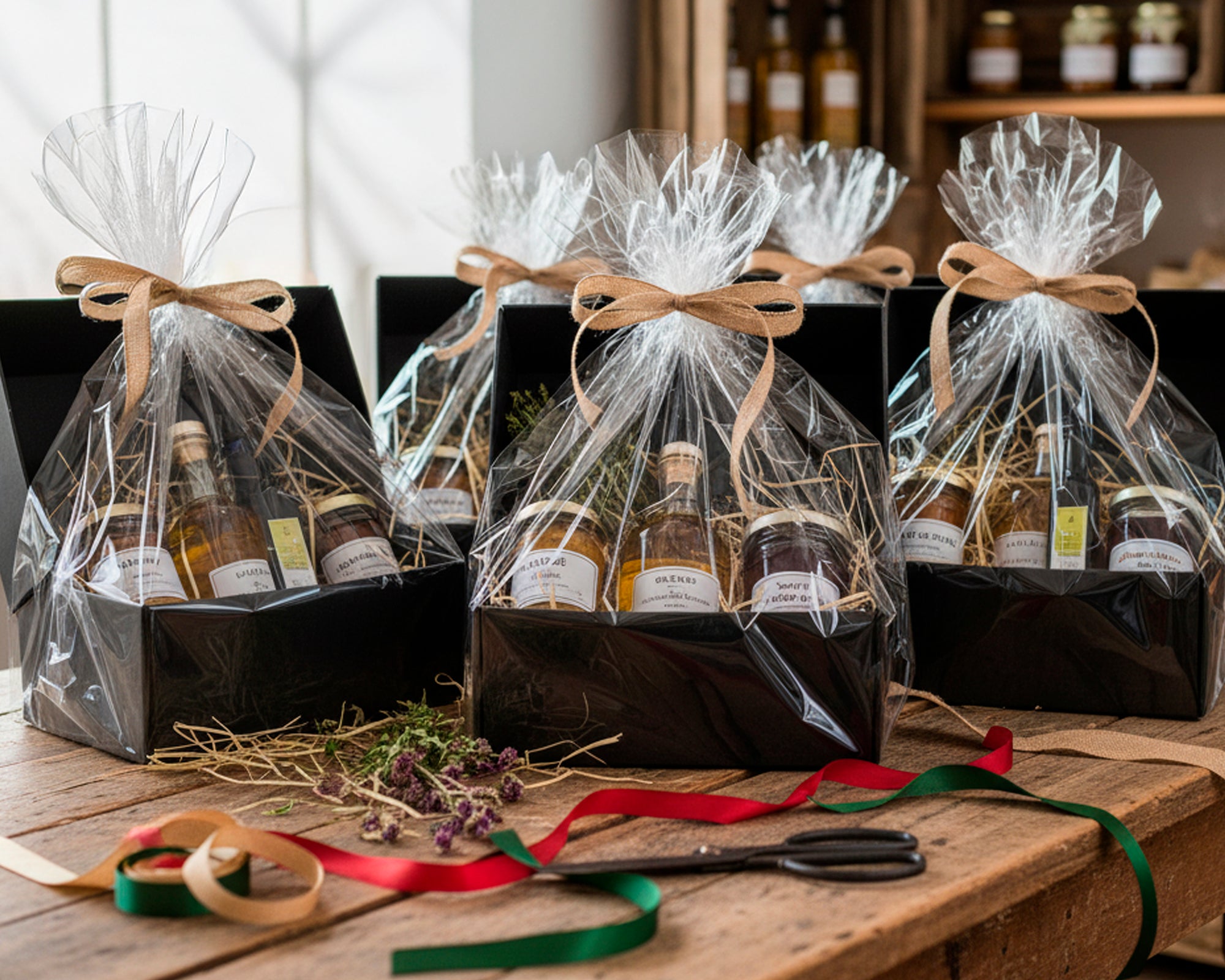 Gift baskets with bottles of alcohol and preserves on a wooden table with ribbons and scissors.