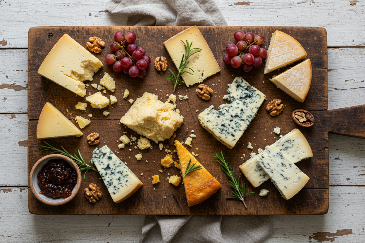 Kentish chess on a rustic wooden cheese board - view from above