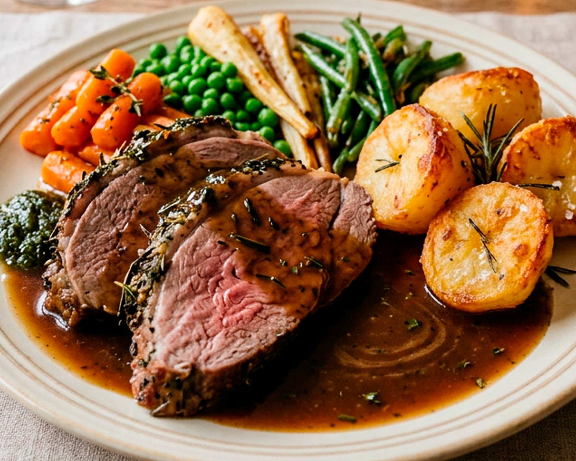 Plated dish of sliced beef with vegetables on a white plate
